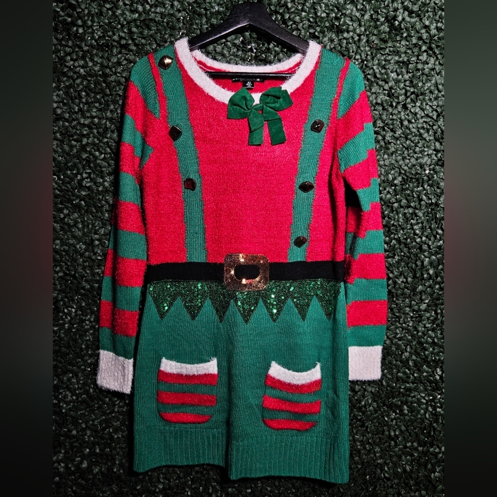 Festive Red and Green Dress With Jingle Bells And Suede Bow